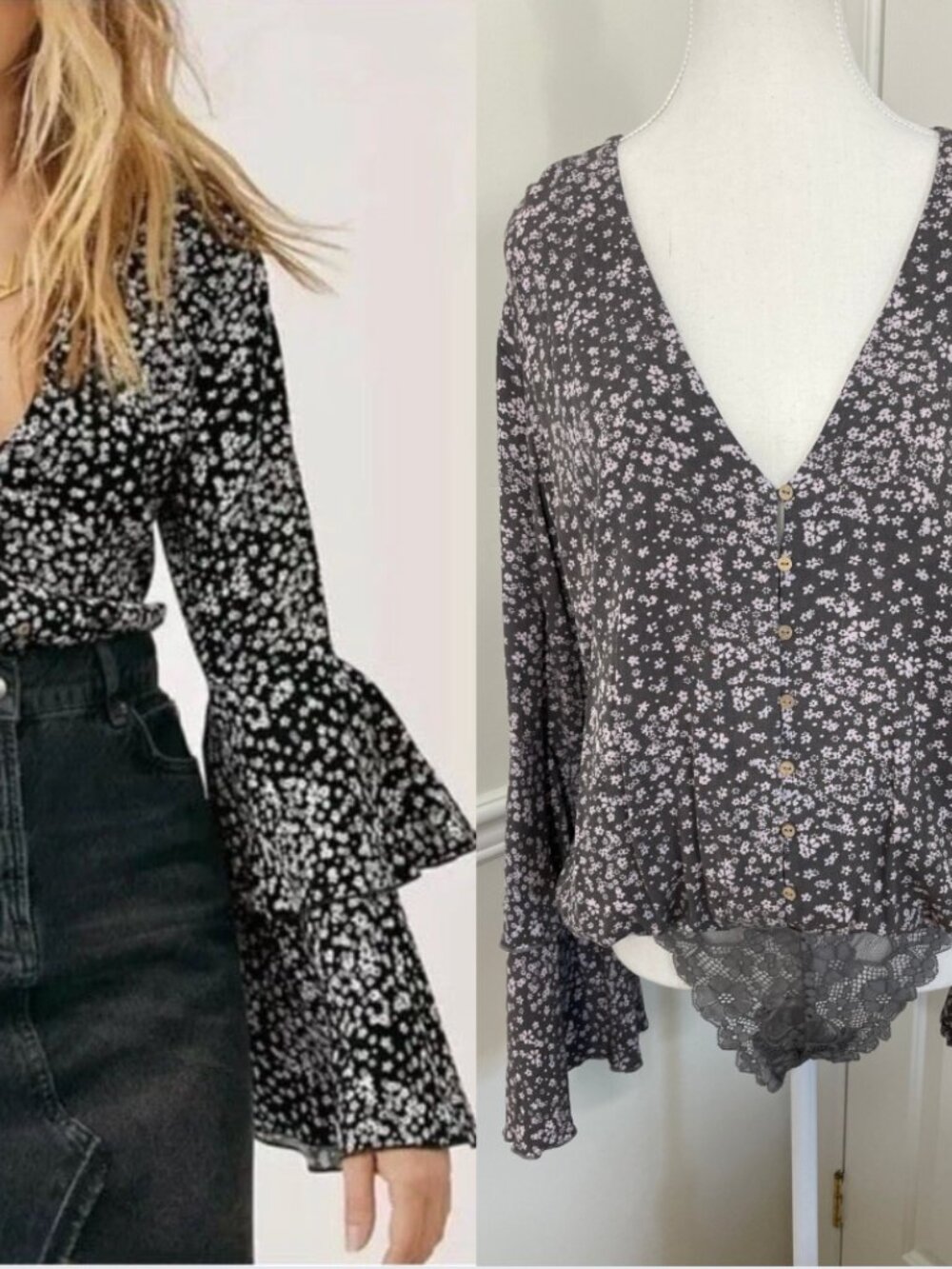 Intimately Free People Ditsy Floral Tiered Bell Sleeve Bodysuit M